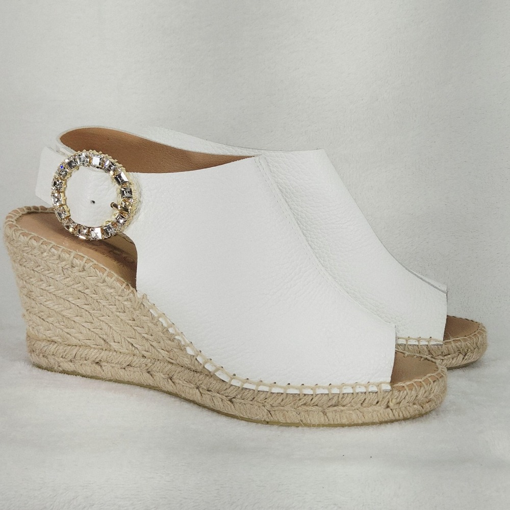 Maypol Sandal Womens 8.5 White Leather Espadrille Wedge Rhinestone Anthropologie